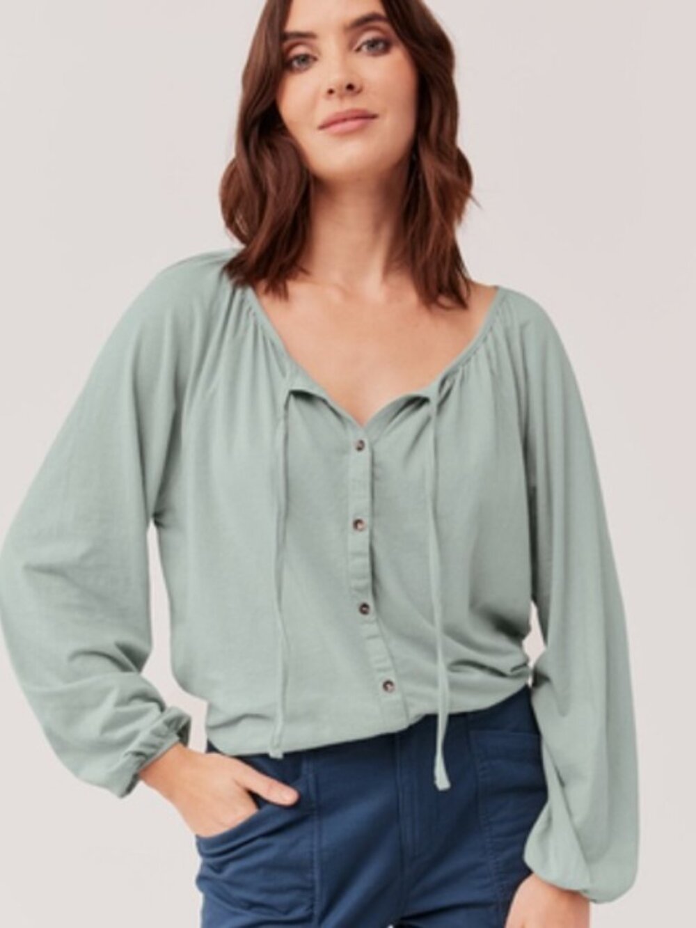 PACT Green Button DownTie Front Peasant Blouse Small Teal